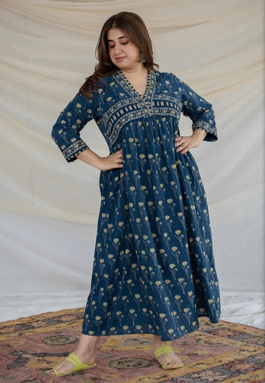 A line Hand-Block Printed Cotton Maxi Dress β¨