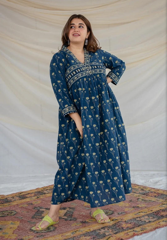 A Line Hand-Block Printed Cotton Maxi Dress