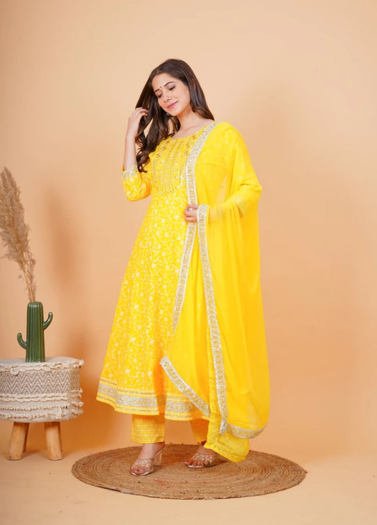 Yellow Beautifull Heavy Rayon Printed 3 - Piece Set