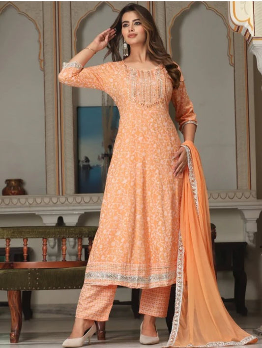 Orange Beautifull Heavy Rayon Printed 3 - Piece Set