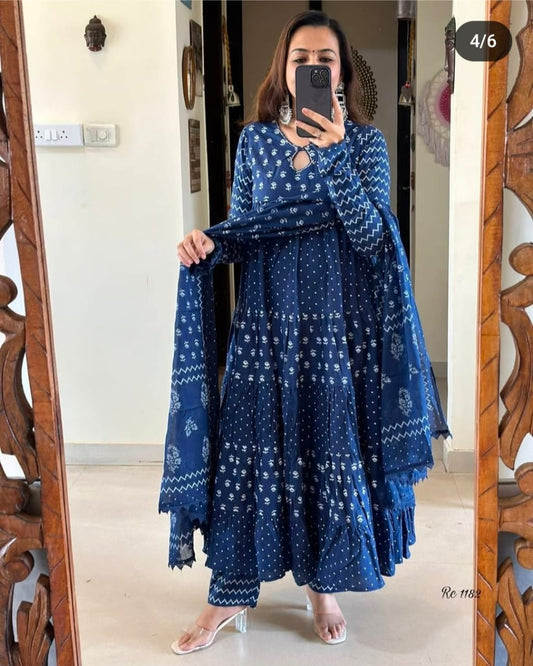Blue Cotton Anarkali Kurta Set Festive Collection
