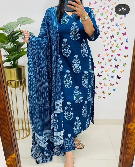 Blue Designer Straight Kurta pant with duppata set