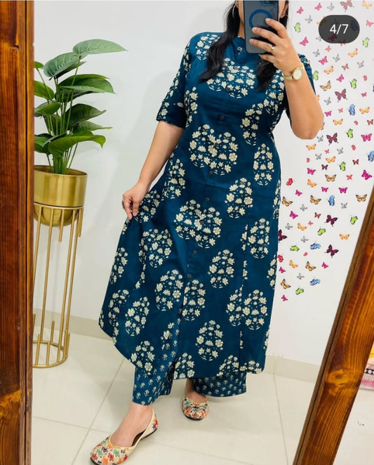 Blue Premium Cotton Co-Ord Kurta Plazo Set For Women