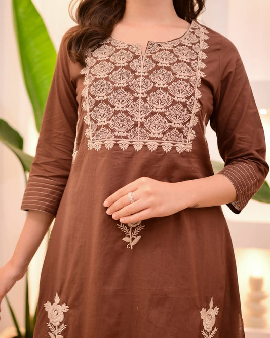 Brown Flaired Embroidered Cotton 3-Piece Suit