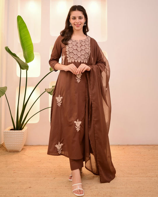 Brown Flaired Embroidered Cotton 3-Piece Suit