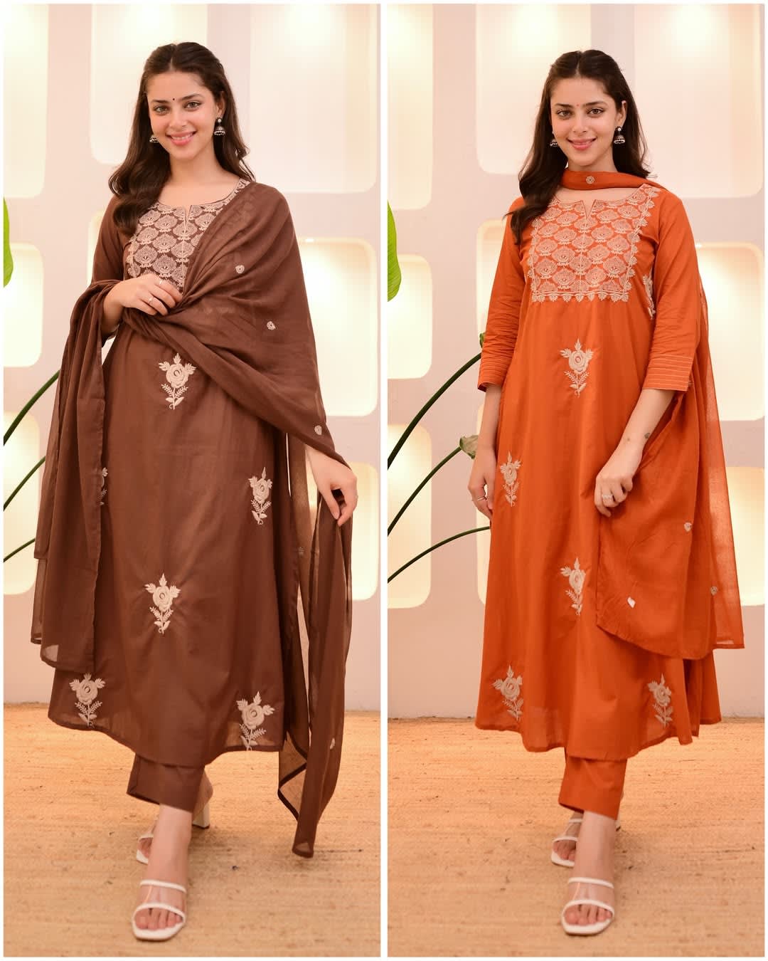 Brown Flaired Embroidered Cotton 3-Piece Suit