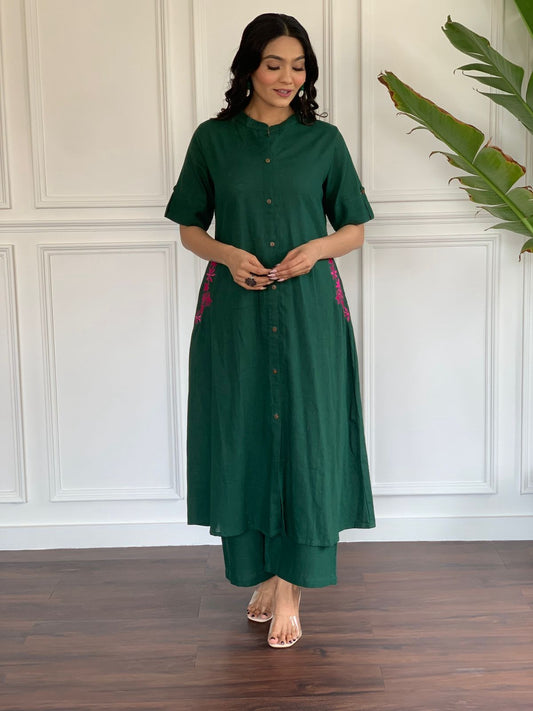 Elegant Bottle Green Cotton Slub 2-Piece Set With Side Pockets | Premium Quality