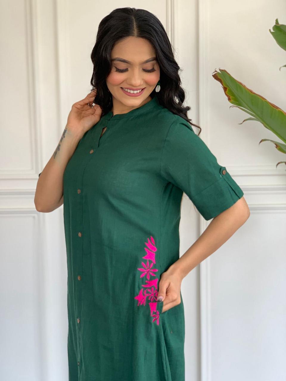 Elegant Bottle Green Cotton Slub 2-Piece Set With Side Pockets | Premium Quality