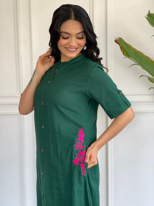 Elegant Bottle Green Cotton Slub 2-Piece Set With Side Pockets | Premium Quality