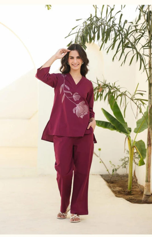 Elegant Embroidered Cotton Kurti Palazzo Set With Pintex Detailing & Pockets
