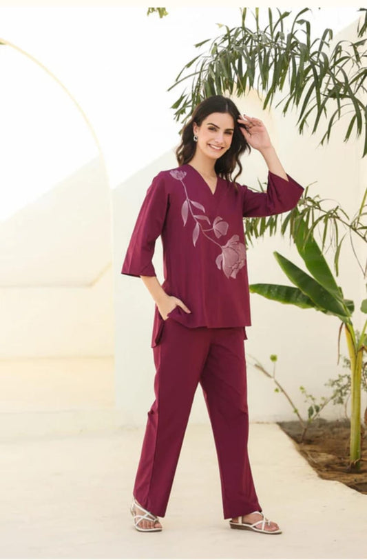 Elegant Embroidered Cotton Kurti Palazzo Set with Pintex Detailing & Pockets