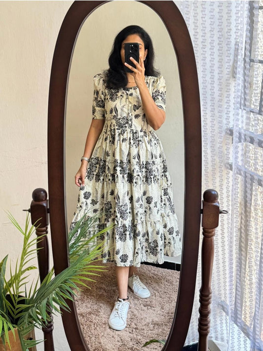 Elegant Floral Print Cotton Midi Dress with Puff Sleeves