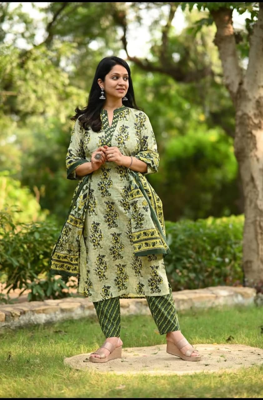Elegant Green & Yellow Printed Suit Set