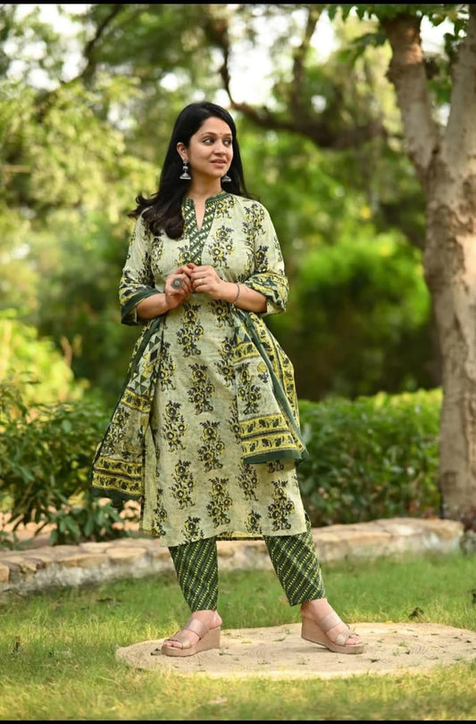 Elegant Green & Yellow Printed Suit Set