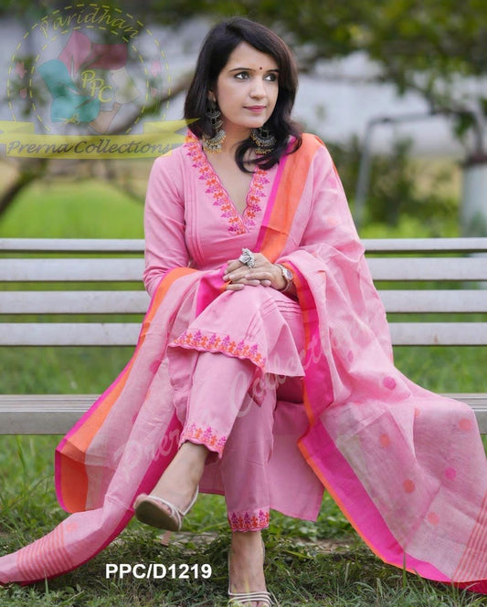 Elegant Handloom Embroidered Kurti Set with Linen Dupatta pink