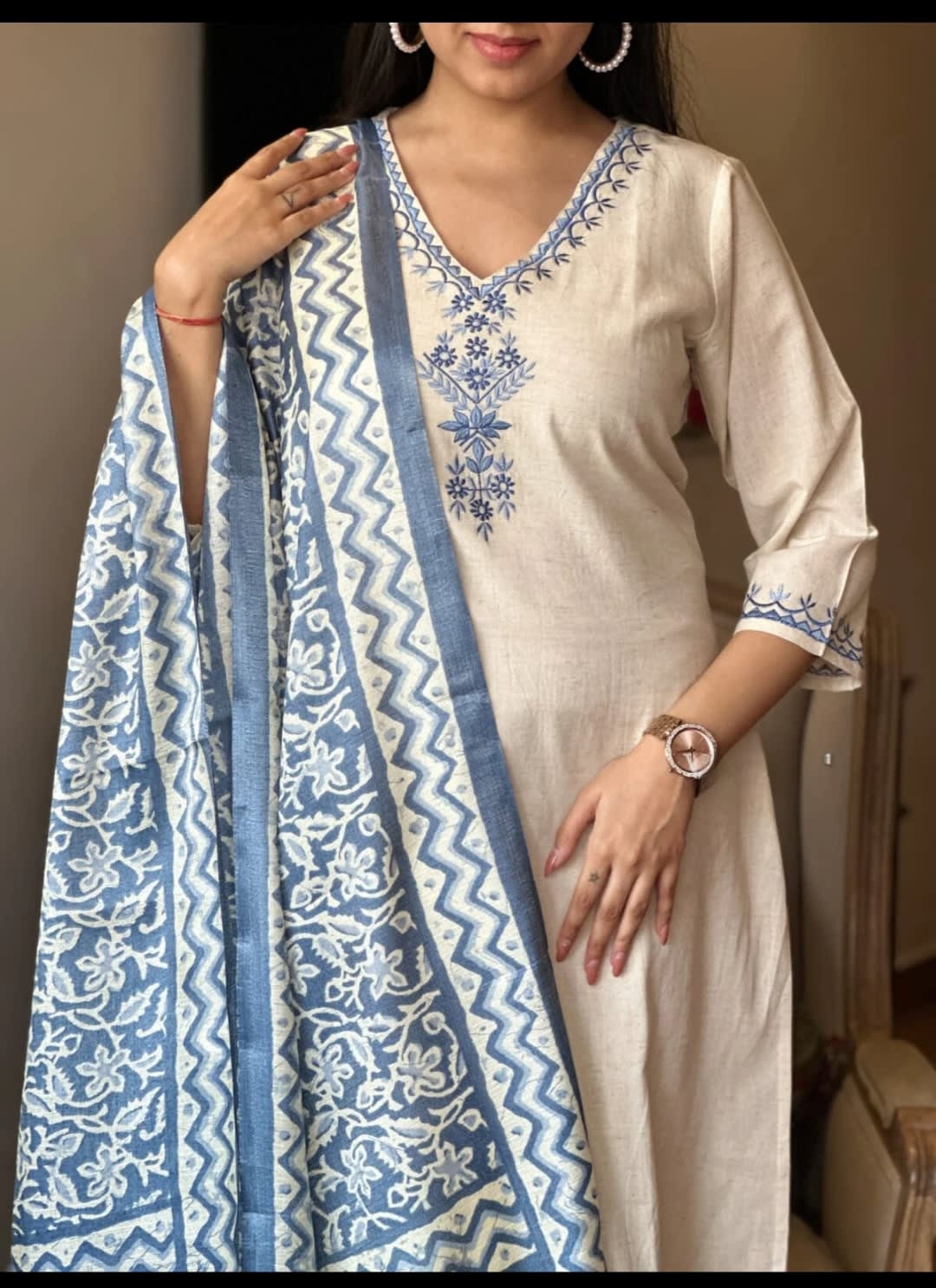 Elegant Off-White Embroidered Cotton Flex Suit Set with Cotton Silk Dupatta - Graceful & Sophisticated