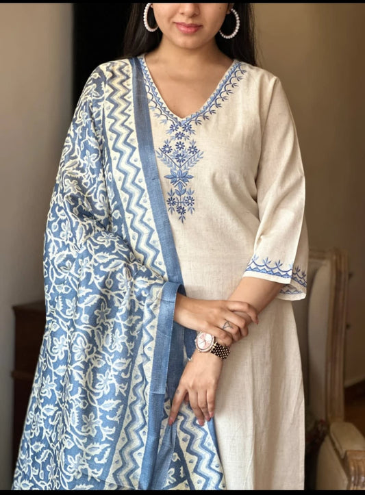 Elegant Off-White Embroidered Cotton Flex Suit Set With Cotton Silk Dupatta - Graceful & Sophisticated