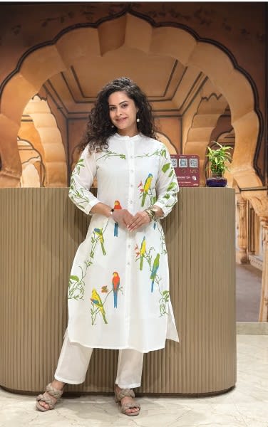 Elegant Pure Cotton Women's Kurta – Handcrafted Bird & Botanical Design