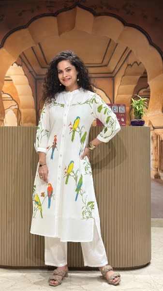 Elegant Pure Cotton Women'S Kurta Handcrafted Bird & Botanical Design