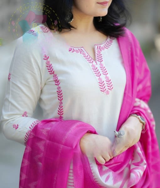 Cream Cotton Kurti Set With Dupatta For Women