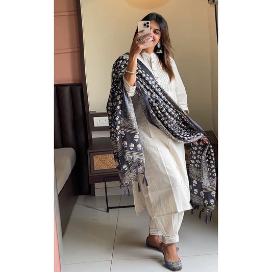 Cream Khadi Cotton Kurti Set With Dupatta For Women