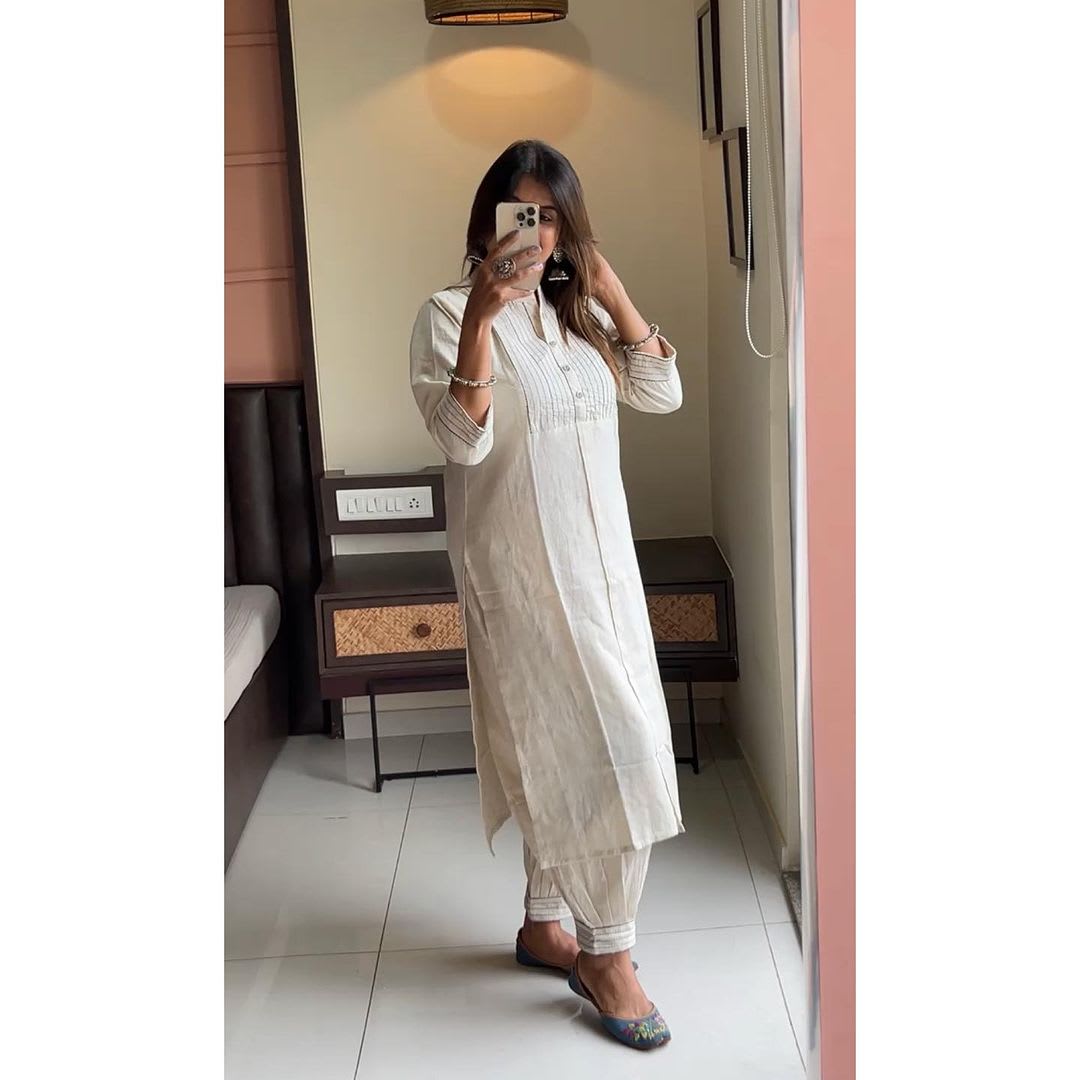 Cream Khadi Cotton Kurti Set With Dupatta For Women