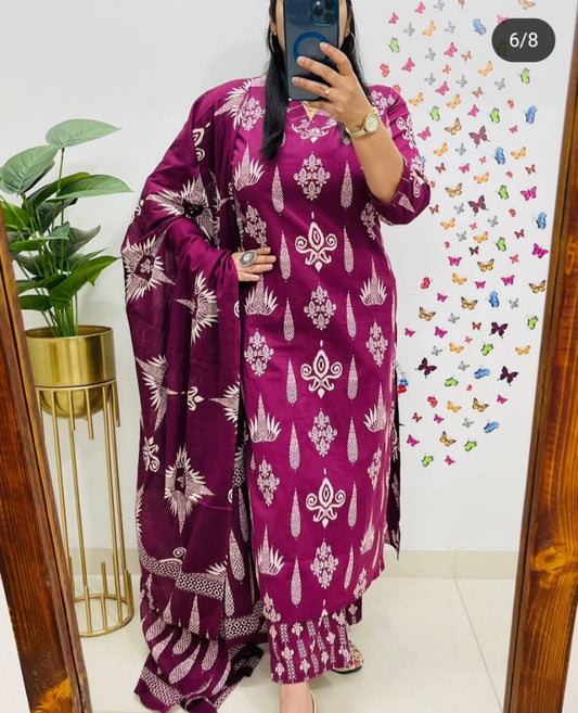 Floral Cotton Suit Set  (3 Colours)  Purple