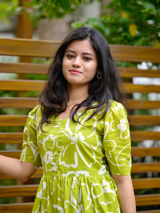 Fresh Green Floral Cotton Midi Dress for Women