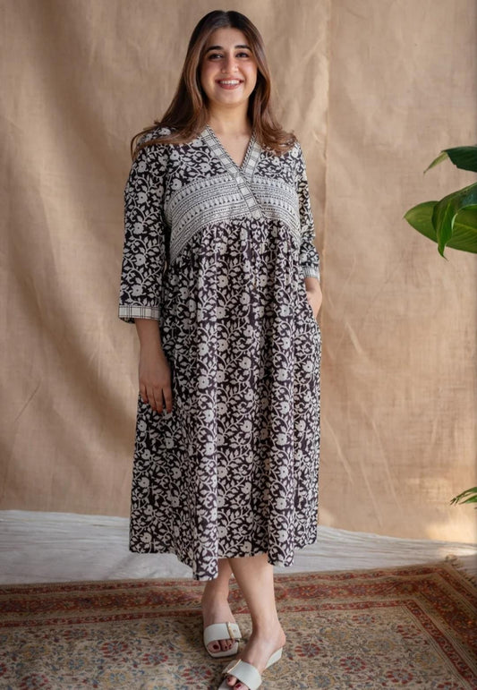 Black Hand-Block Printed Cotton Maxi Dress For Effortless Summer Style