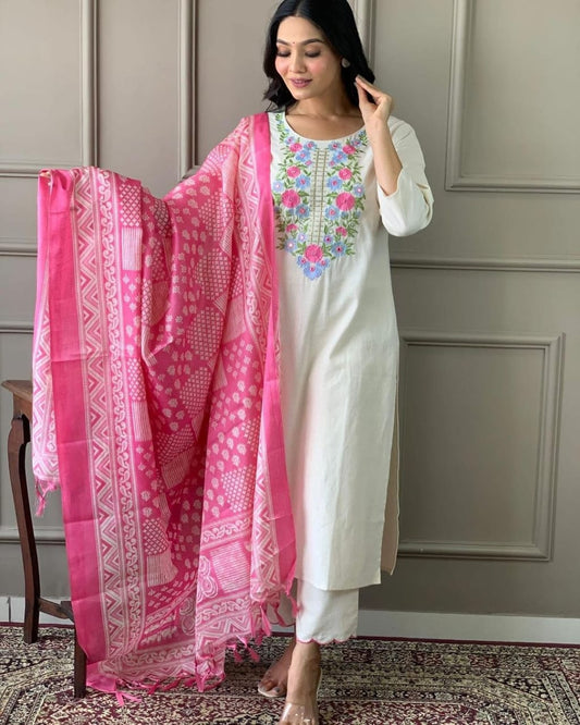 Handloom Khadi 3 piece suit -Pink