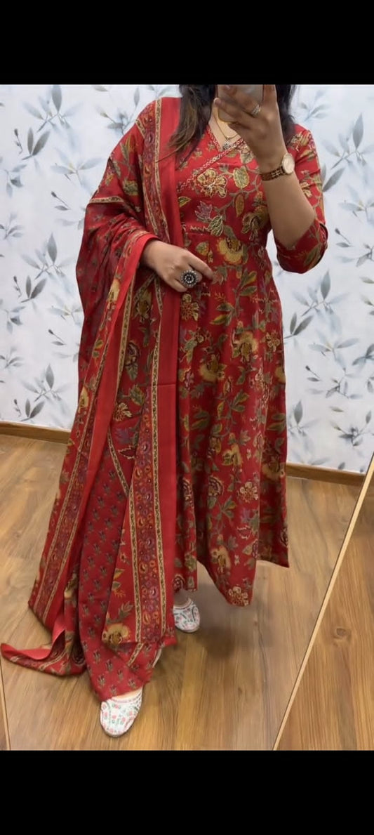 Red Jaipur Ajrakh 3 Piece Suit Set