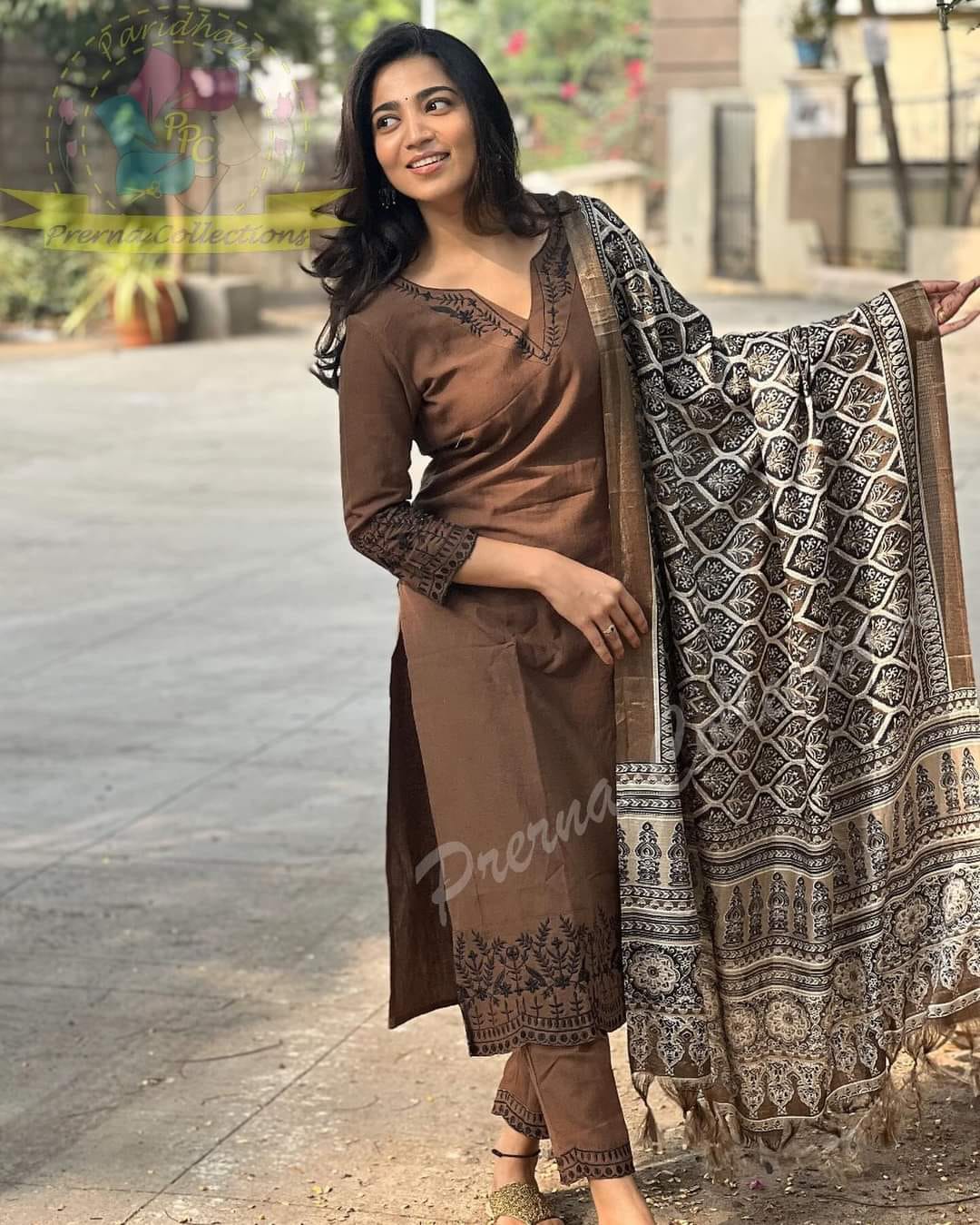 Brown Cotton Kurti Set With Dupatta For Women