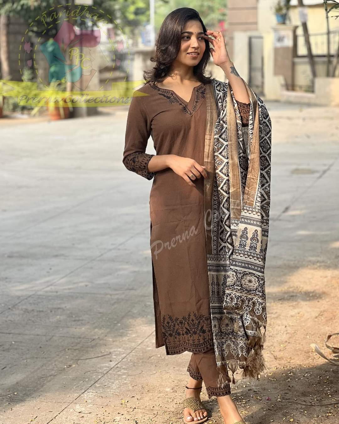Brown Cotton Kurti Set With Dupatta For Women