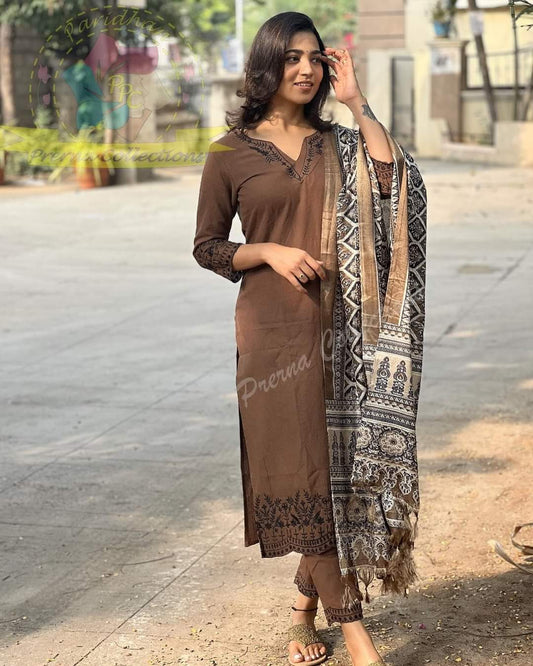 Brown Cotton Kurti Set With Dupatta For Women