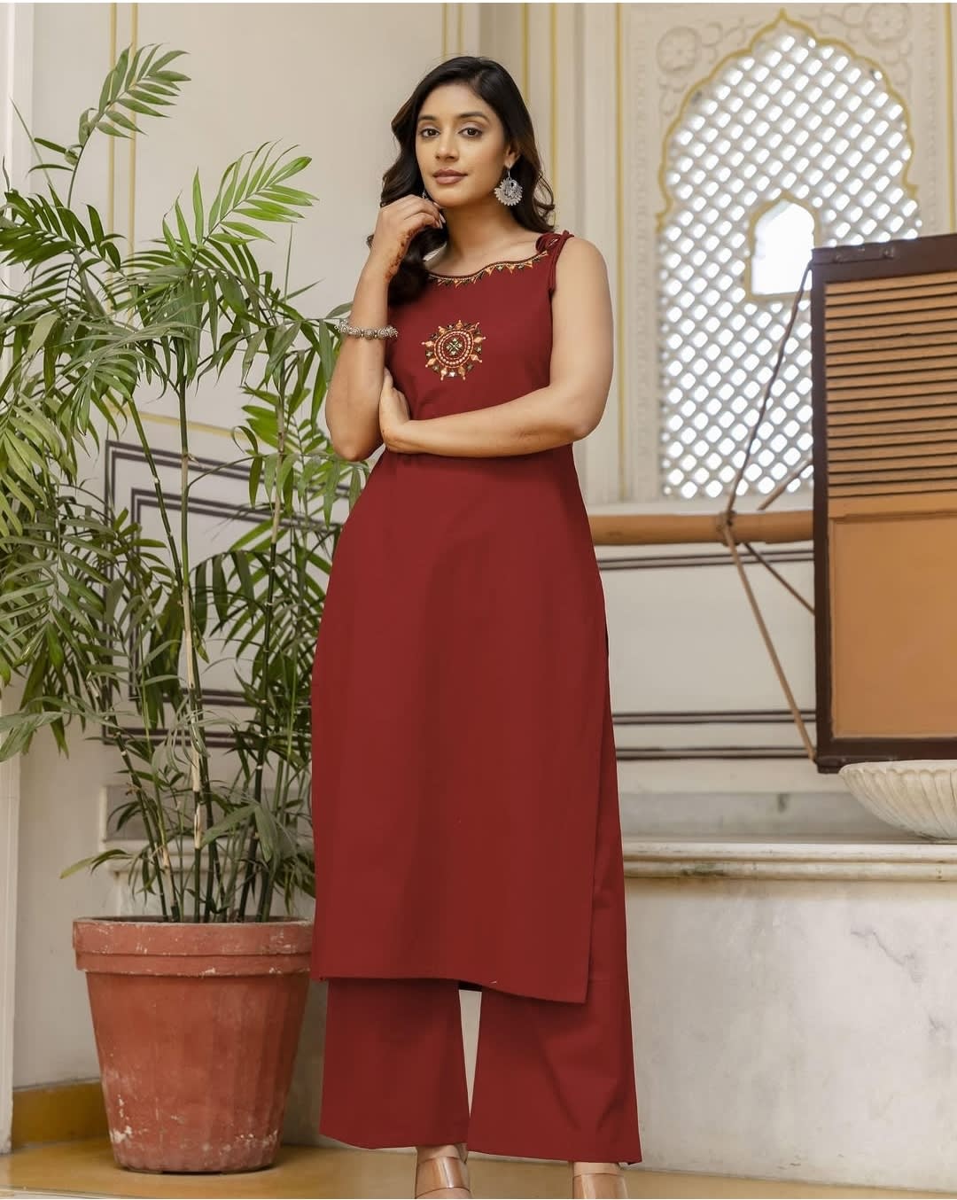 Maroon Embroidered Cotton Slub Kurti | Sleeveless