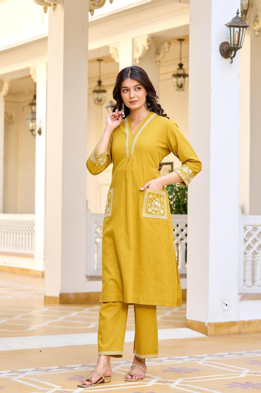Mustard Yellow Embroidered Cotton Kurta Pant Set For Women