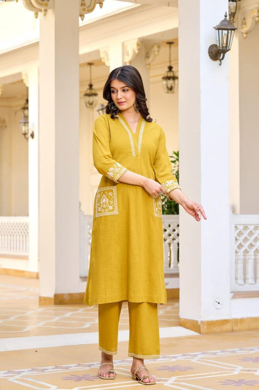 Mustard Yellow Embroidered Cotton Kurta Pant Set for Women