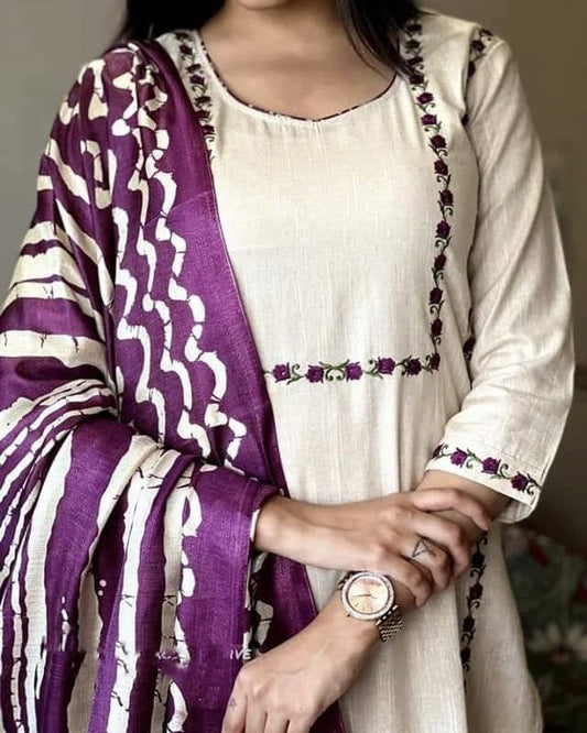 Pure Handloom Cotton Kurta Pant And Khadi Silk Ikkat Print Dupatta Set