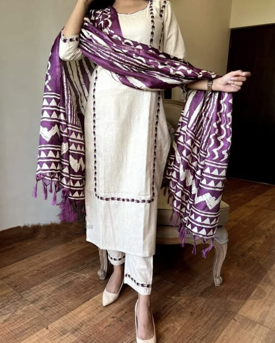 Pure Handloom Cotton Kurta Pant And Khadi Silk Ikkat Print Dupatta Set