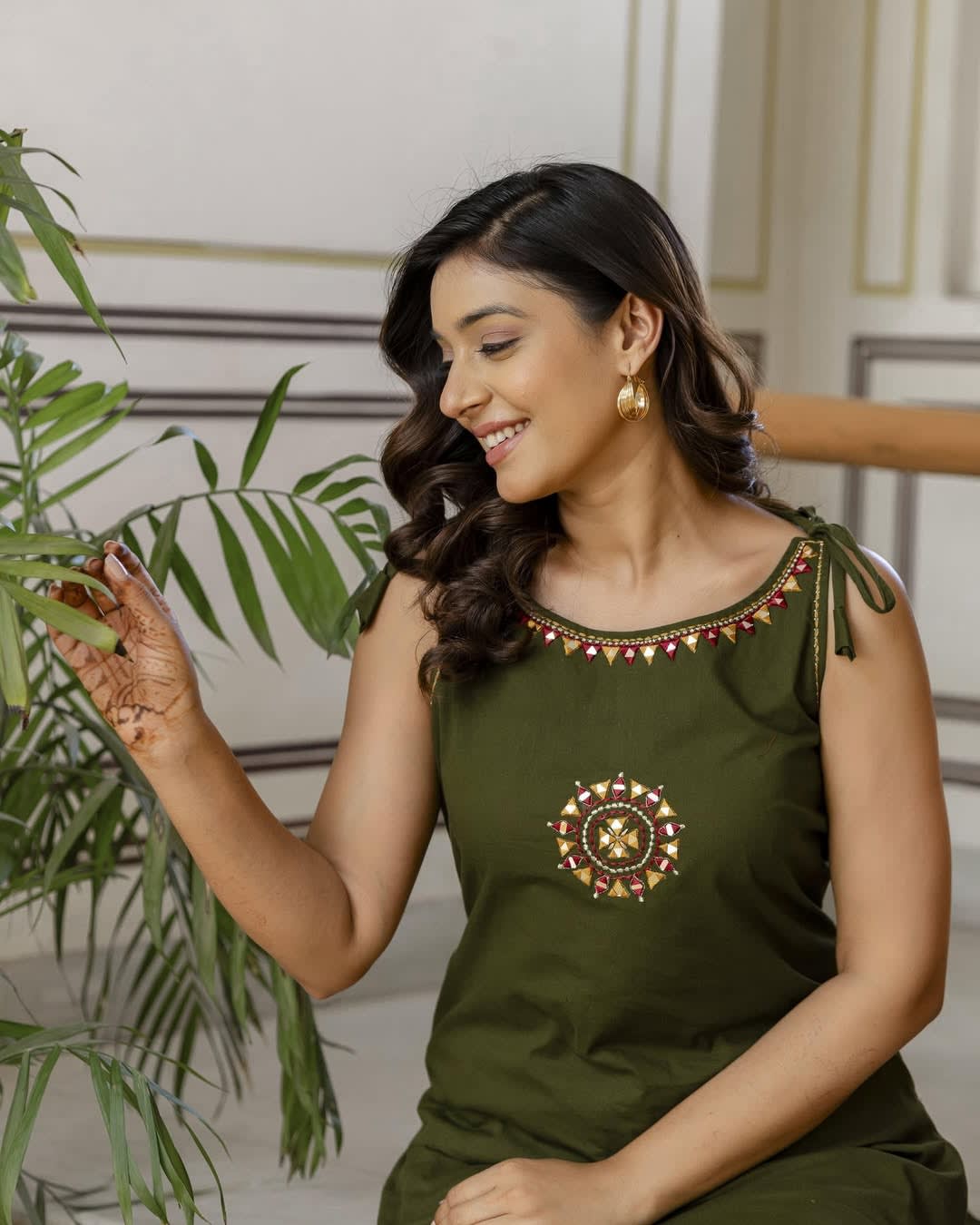 Olive Green Embroidered Cotton Slub Kurti