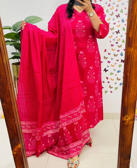 Pink  Designer Straight Kurta Pant With Duppata Set