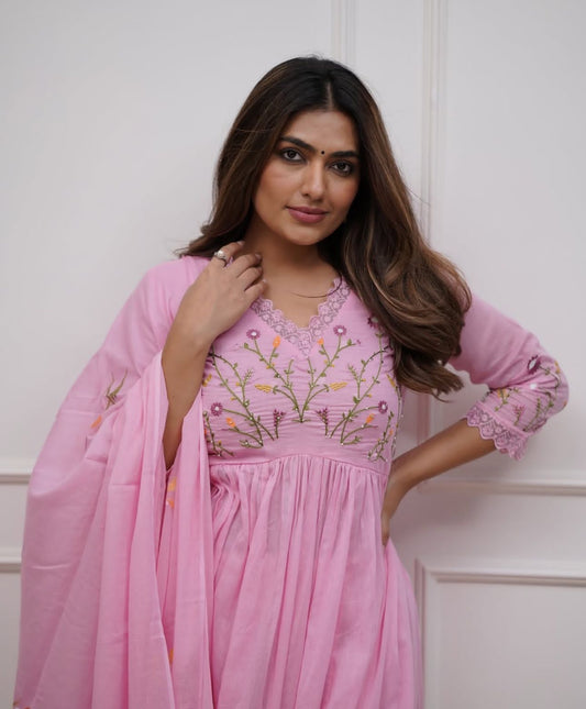 Pink cotton kurti set with embroidery work