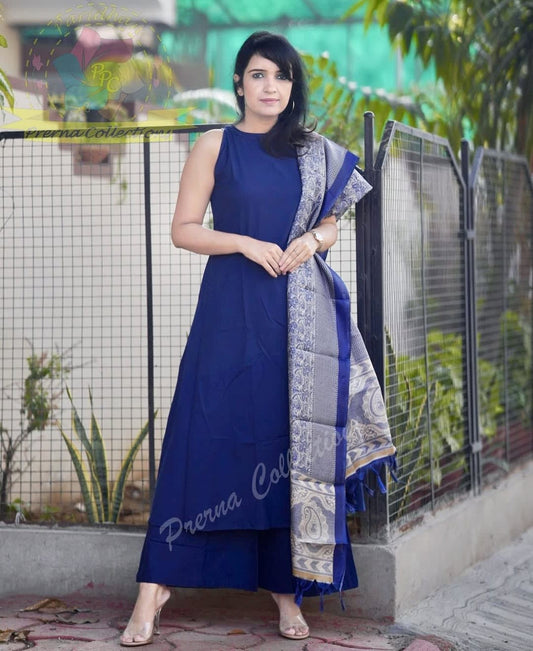 Pure Handloom A-line Kurti with functional pockets on both sides Blue