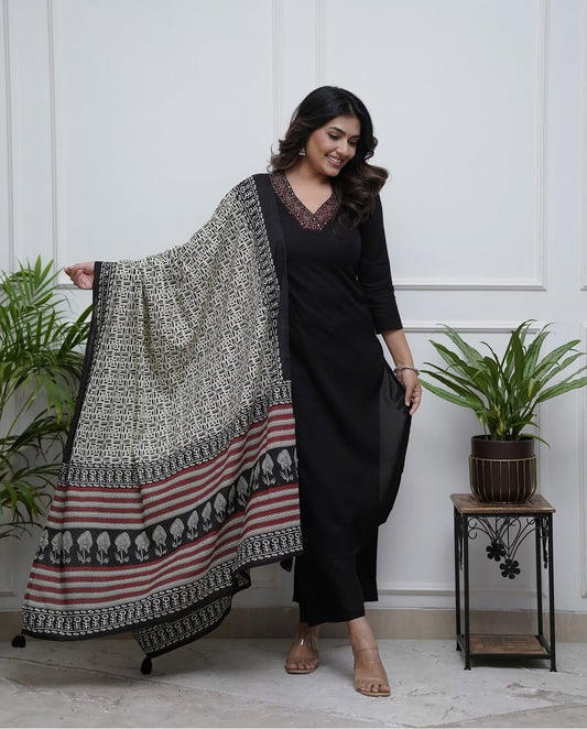 Pure Black Cotton Slub Suit Set