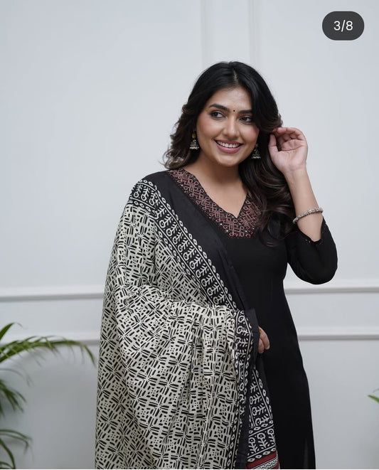 Pure Black Cotton Slub Suit Set