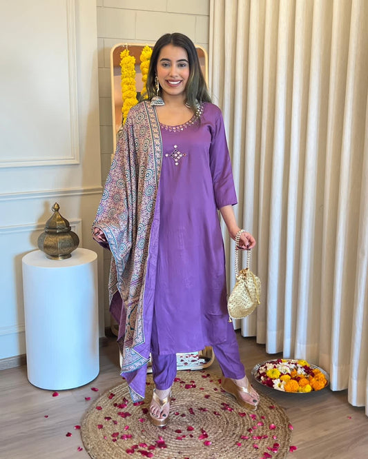 Purple Cotton Suit With Mirror Work
