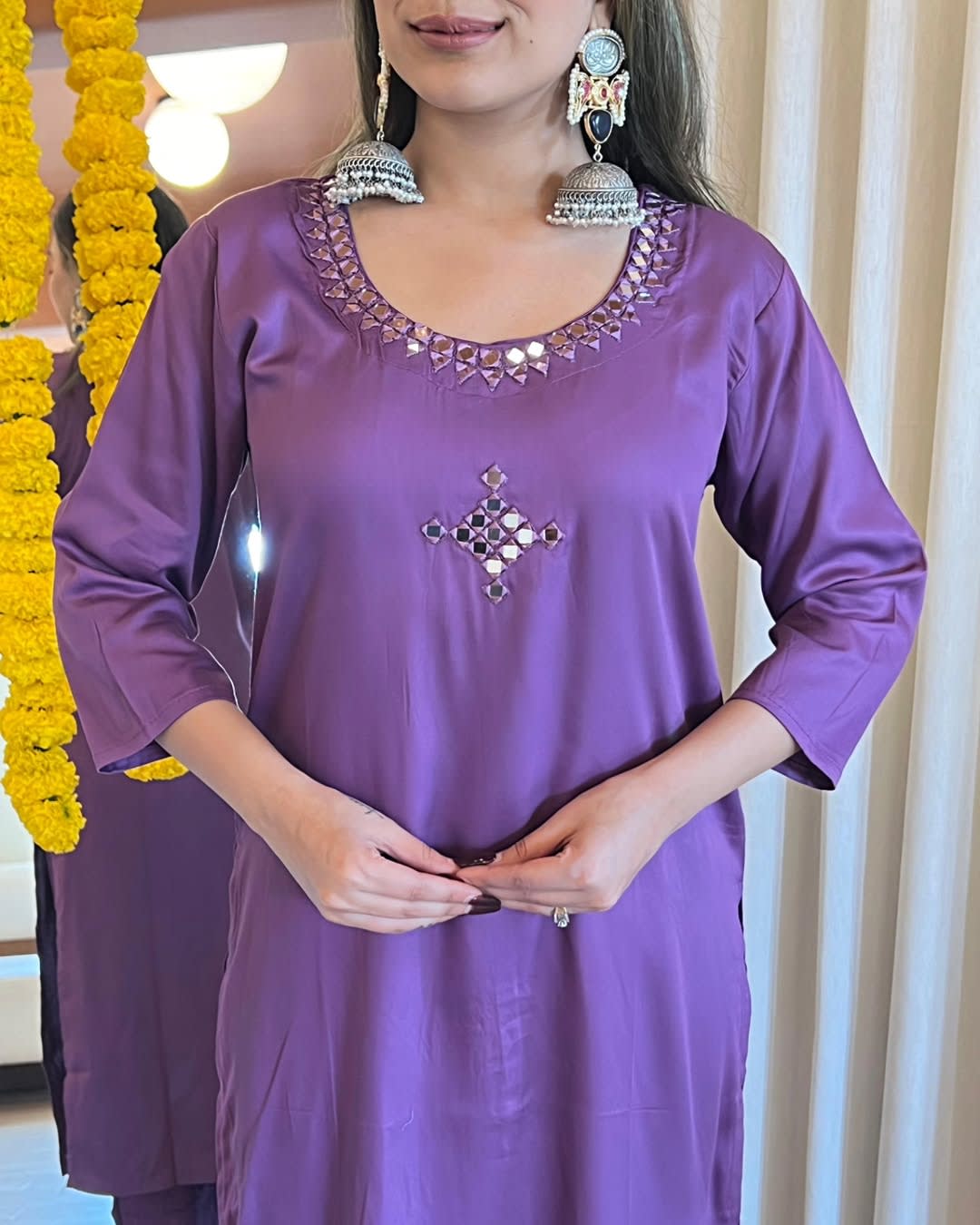 Purple Cotton Suit With Mirror Work