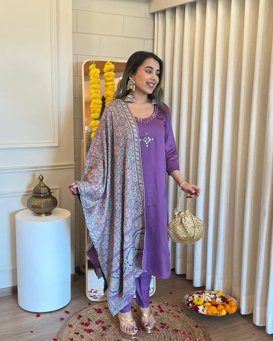 Purple cotton suit with mirror work