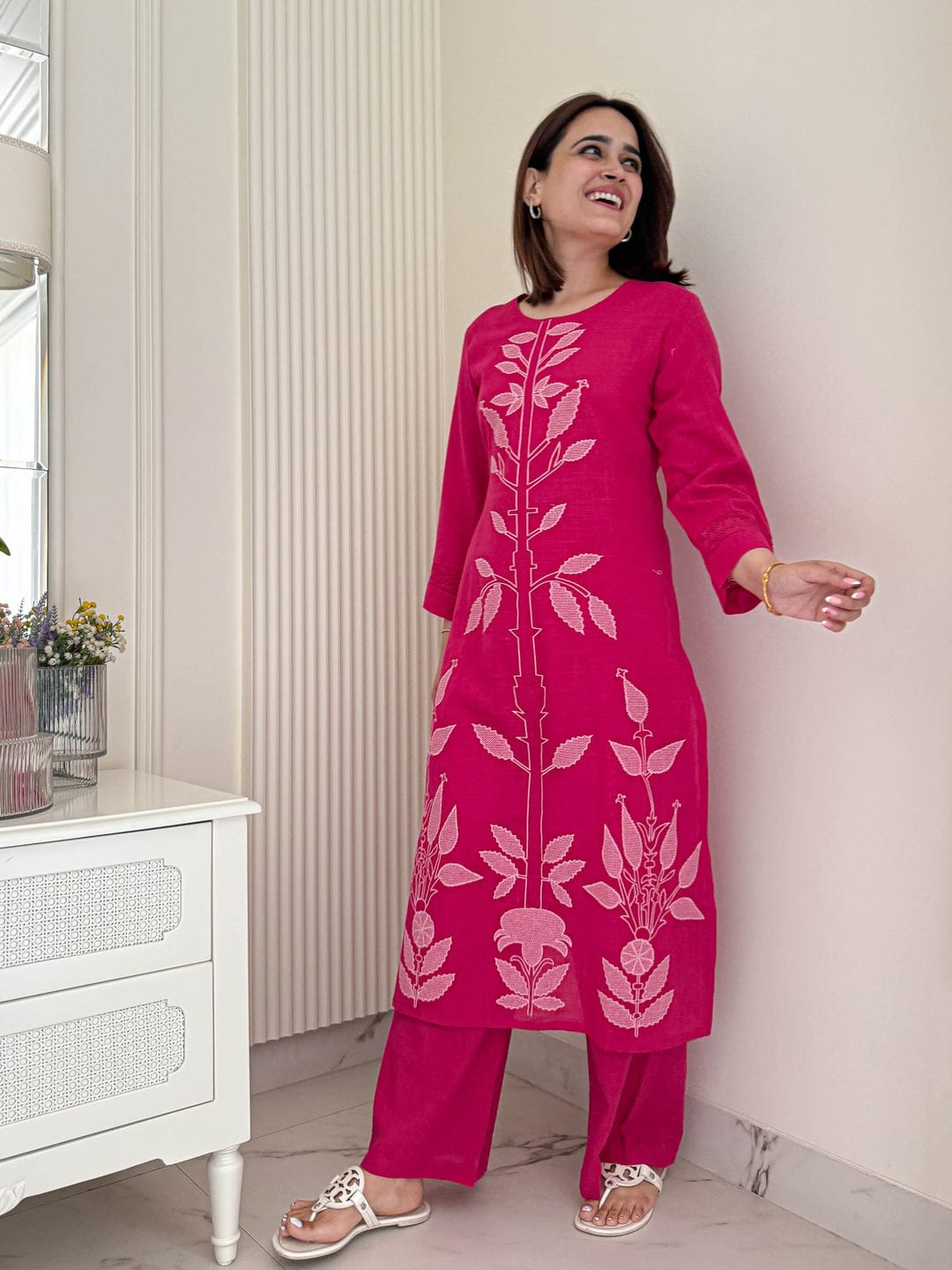 Rose Dust Cotton Kurti Pant Co-Ord Set With Embroidery