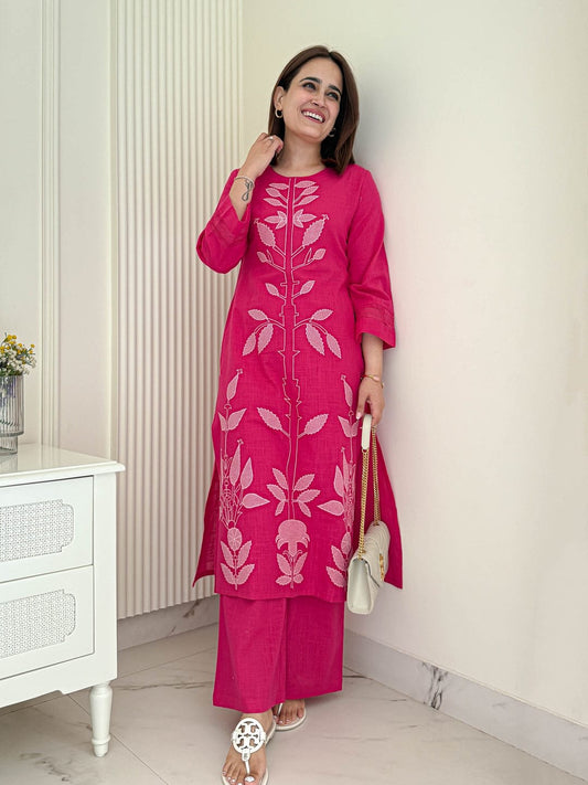 Rose Dust Cotton Kurti Pant Co-Ord Set With Embroidery